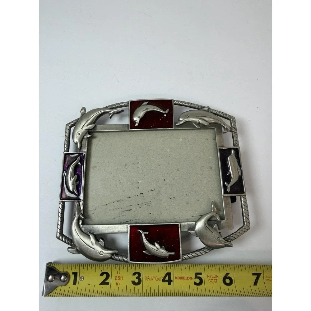 Dolphin Stand Up Table‎ Top Frame Silver Tone Red Enamel Accents Nautical 3.5x5